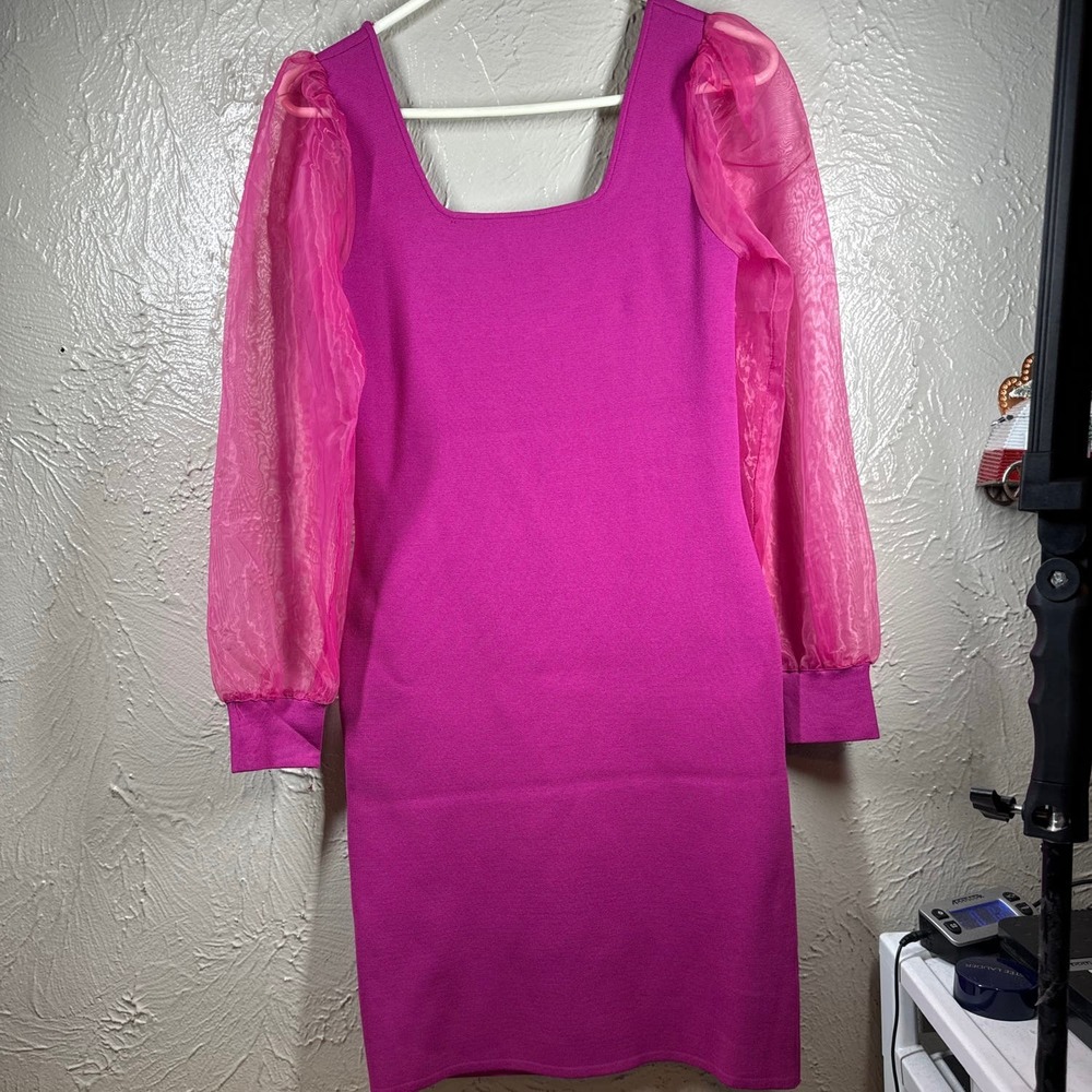 NWT HOUSE OF HARLOW 1960 Festival Fushia Dress Sheer Sleeves Size Small